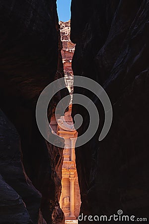 The Siq and Treasury ancient architecture Petra in Jordan. 7 wonders travel destination in Jordan Stock Photo