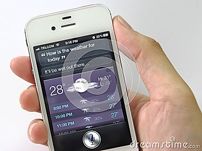 Siri on iPhone 4S (Weather Forecast) Editorial Stock Photo