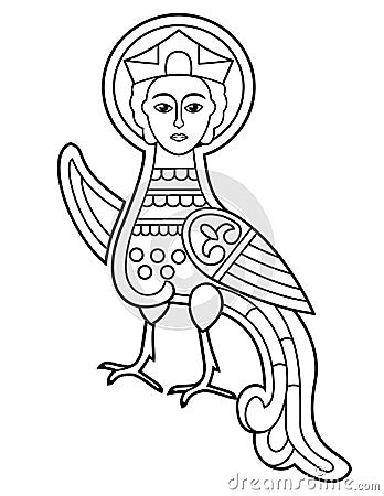 Sirin, Siren, Paradise Bird, Firebird. Printable Coloring page for kids Vector Illustration