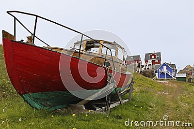 Sisimiut red ship Stock Photo