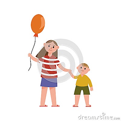 Sister with balloon holding her little brothers hand cartoon characters vector Illustration Vector Illustration