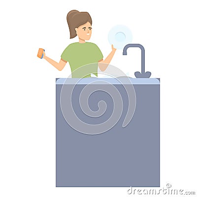 Sister dish wash icon cartoon vector. Kitchen housework Vector Illustration