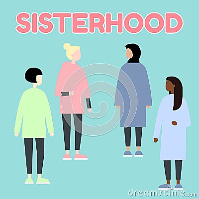 Sisterhood. Multiethnic diverce race women. Gender equality. Feminism. Set of female portraits. Flat editable vector illustration Vector Illustration