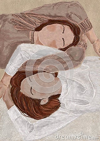 Sisterhood. Two abstract women are laying together. Abstract boho poster. Bohemian art print. Modern contemporary Cartoon Illustration