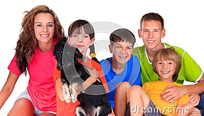 Sisters, brothers and dog pet Stock Photo