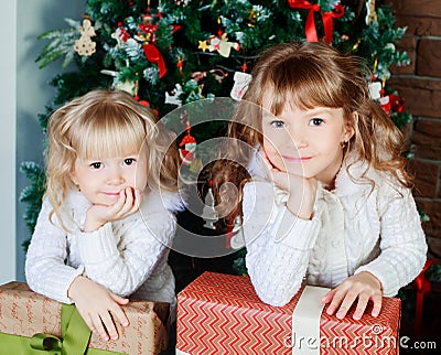 Sisters at home at Christmas Stock Photo