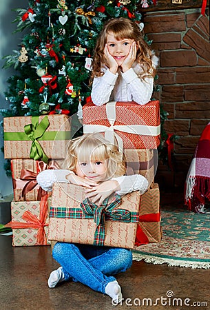 Sisters at home at Christmas Stock Photo