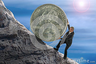 Sisyphus financial concept man rolling huge coin up hill Stock Photo