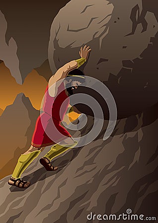 Sisyphus Pushing Boulder Vector Illustration