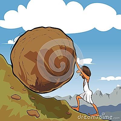 Sisyphus rolling a boulder Stock Photo