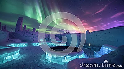 Sit back and relax in a hot tub made entirely of ice taking in the breathtaking colors and patterns of the Aurora Stock Photo