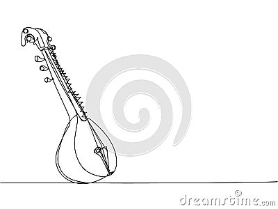 Sitar one line art. Continuous line drawing of music, plucked stringed instrument, Indian, Hindustani classical music Vector Illustration