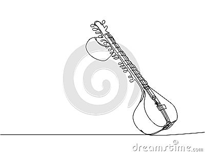 Sitar one line art. Continuous line drawing of music, plucked stringed instrument, Indian, Hindustani classical music Cartoon Illustration