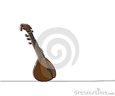 Sitar one line color art. Continuous line drawing of music, plucked stringed instrument, Indian, Hindustani classical Cartoon Illustration