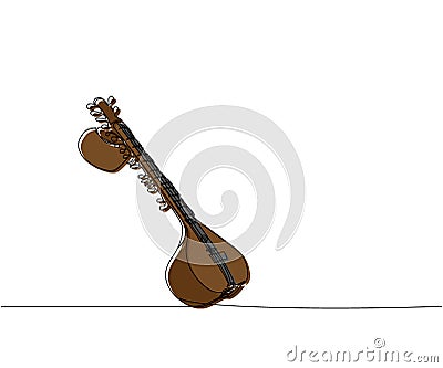 Sitar one line color art. Continuous line drawing of music, plucked stringed instrument, Indian, Hindustani classical Cartoon Illustration