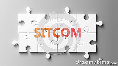 Sitcom complex like a puzzle - pictured as word Sitcom on a puzzle pieces to show that Sitcom can be difficult and needs Cartoon Illustration