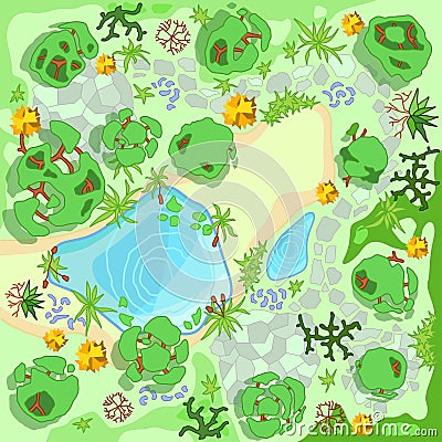 Site improvement Landscape and tourist camp in the forest. Top view Pond, stones, trees, plants, lake, beach. Vector Illustration