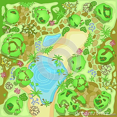 Site improvement Landscape and tourist camp in the forest. Top view Pond, stones, trees, plants, lake, beach. Vector Illustration