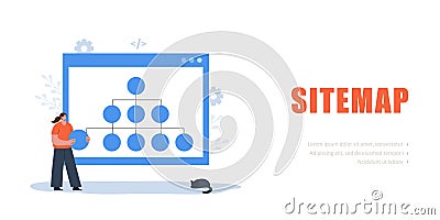 Sitemap Creation concept. Female Developer optimization site structure. Website navigation for the user. Vector Vector Illustration