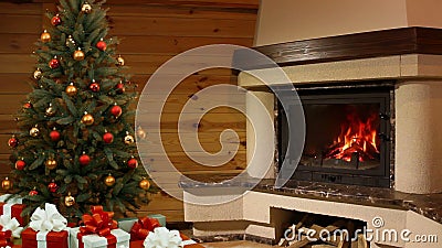 Sitio de la Navidad. Árbol de navidad por la chimenea almacen de video Sitio de la Navidad. Árbol de navidad por la chimenea almacen de video