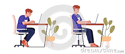 Sitting in bad and good postures at computer desk. Right correct vs wrong incorrect positions in chair. Healthy and Vector Illustration