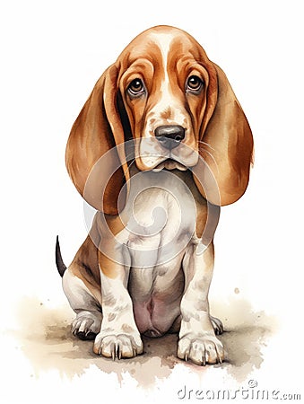 Sitting Basset Hound with Droopy Eyes Watercolor Illustration AI Generated Cartoon Illustration