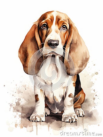 Sitting Basset Hound with Droopy Eyes Watercolor Illustration AI Generated Cartoon Illustration