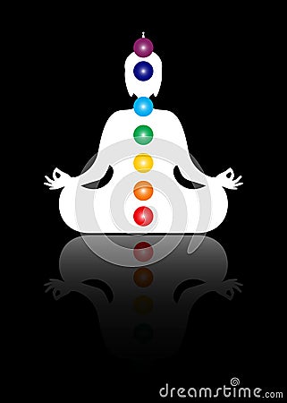 Sitting Buddha silhouette in meditation with chakras. Seven chakras, energy body and Yogi meditating in the lotus position Vector Illustration