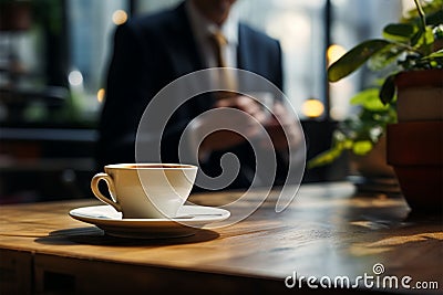 Sitting businessman with aromatic coffee on a wooden table, saucer Stock Photo