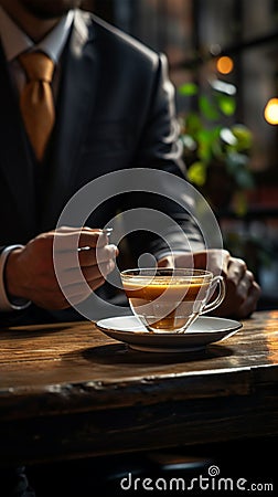 Sitting businessman with aromatic coffee on a wooden table, saucer Stock Photo