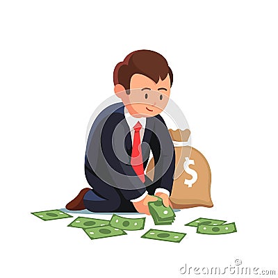 Sitting businessman collecting cash from the floor Vector Illustration