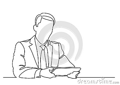 Sitting businessman with tablet - continuous line drawing Vector Illustration