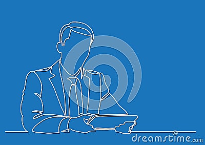 Sitting businessman with tablet - continuous line drawing Vector Illustration