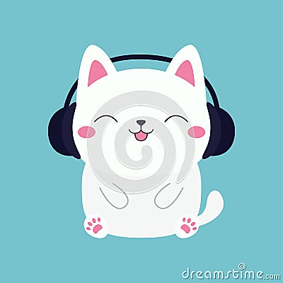 Sitting cat in black headphones earphones. Kitten listen to music with closed eyes, pink tongue, ears. Cute cartoon kawaii funny Vector Illustration