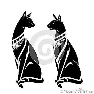 Sitting cats with ancient egypt style decor black vector outlines Vector Illustration