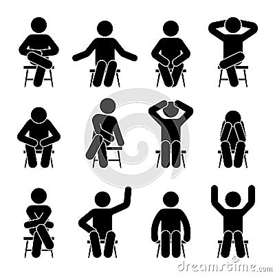 Sitting on chair stick figure man different poses pictogram vector icon set. Boy silhouette seated happy, comfy, sad, tired sign Vector Illustration