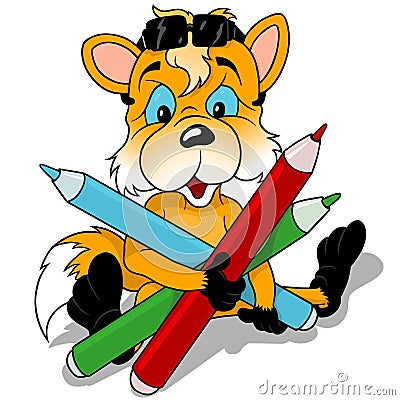 Sitting Cute Fox Holding Colored Pencils Vector Illustration