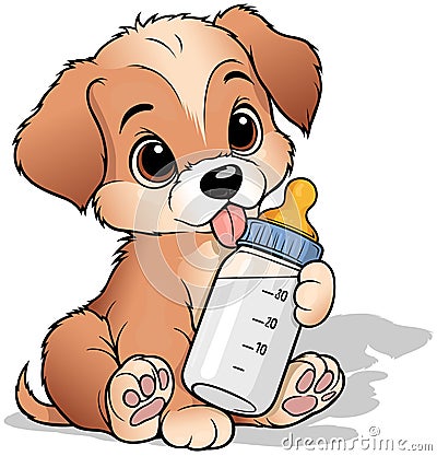 Sitting Cute Puppy with Baby Bottle Vector Illustration