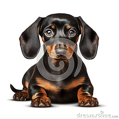 Sitting dachshund isolated on white created with Generative AI. Cute little dog with brown fur.. Stock Photo