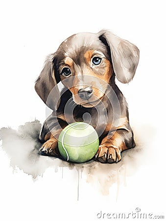 Sitting Dachshund Playing with a Ball in Watercolor Style AI Generated Cartoon Illustration