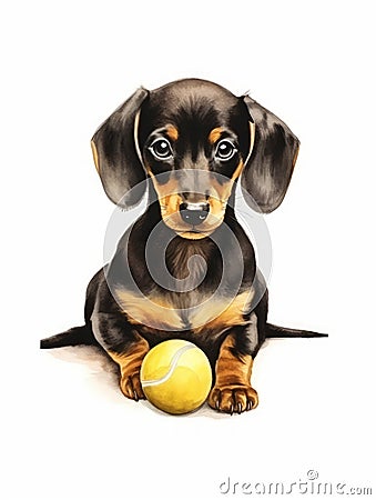 Sitting Dachshund Playing with a Ball in Watercolor Style AI Generated Cartoon Illustration