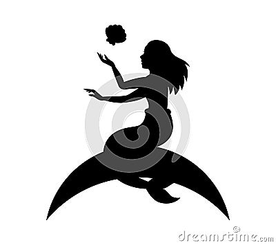 Sitting fairy mermaid. Magical mermaid logo. Mythical tale character black symbol. Little creature with tail Vector Illustration