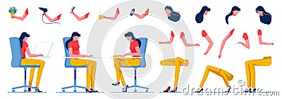 Sitting Female Office Worker Creation Kit Flat. Vector Illustration