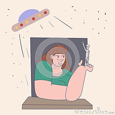 A sitting girl holds in her hand on the palm of a small alien a color drawing in the corporate Memphis style Vector Illustration
