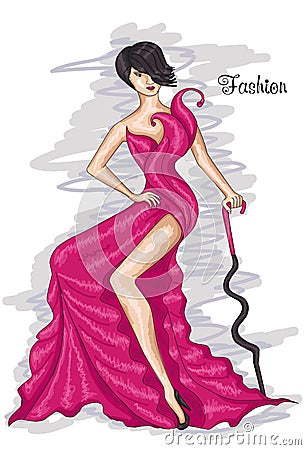 Sitting girl in a long purple dress. Pink Yarrow-colored dress. Vector Illustration