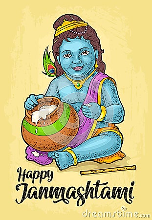 Sitting lord Krishna for poster Happy Janmashtami festival. Engraving Vector Illustration