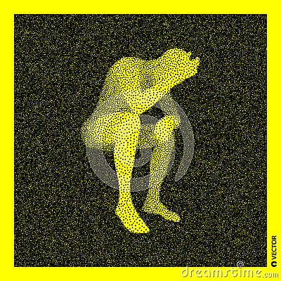 Sitting man. 3D Human Body Model. Black and yellow grainy design. Stippled vector illustration Vector Illustration