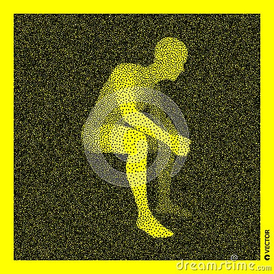 Sitting man. 3D Human Body Model. Black and yellow grainy design. Stippled vector illustration Vector Illustration