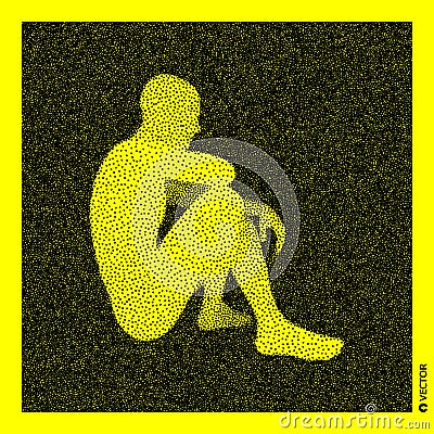 Sitting man. 3D Human Body Model. Black and yellow grainy design. Stippled vector illustration Vector Illustration