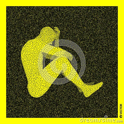 Sitting man. 3D Human Body Model. Black and yellow grainy design. Stippled vector illustration Vector Illustration